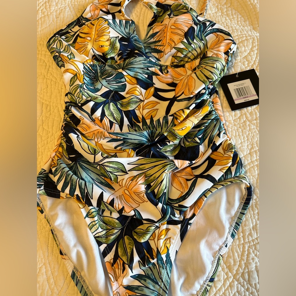 NWT high neck, key hole, tropical print one piece
